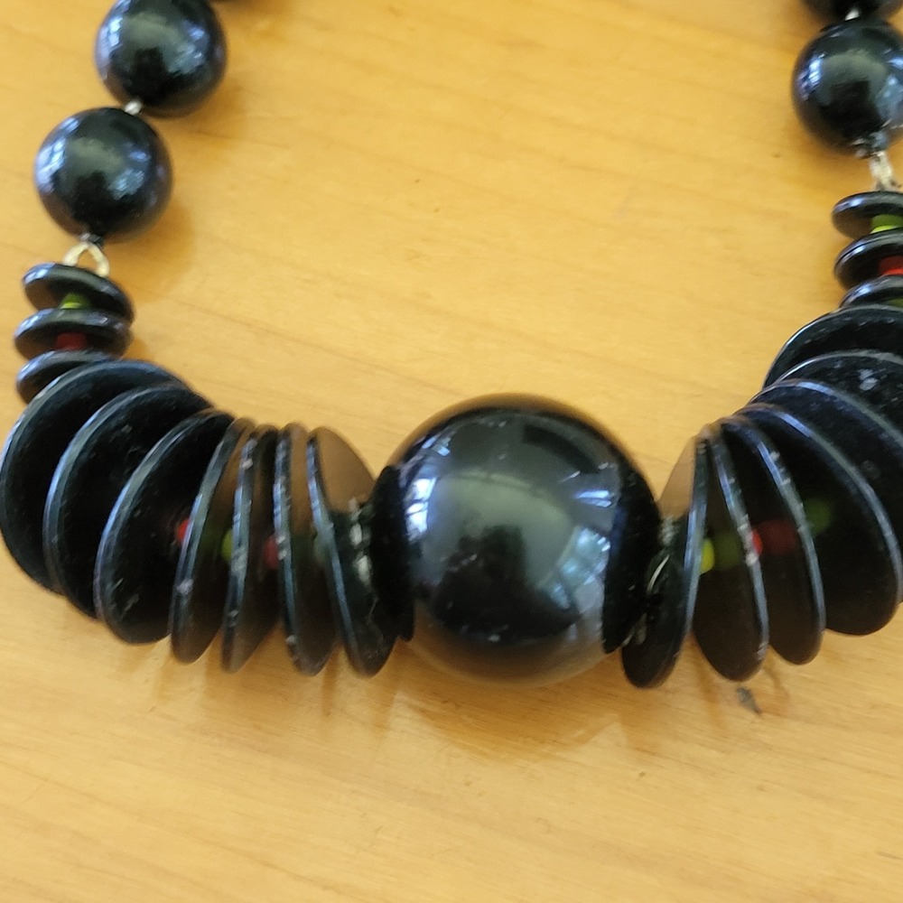 Vintage 80s Black Lucite Disc Bead Statement Necklace 21" 55g